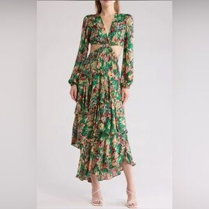 A.L.C. Bell Long Sleeve Layered Cutout Maxi Dress Emerald Multi